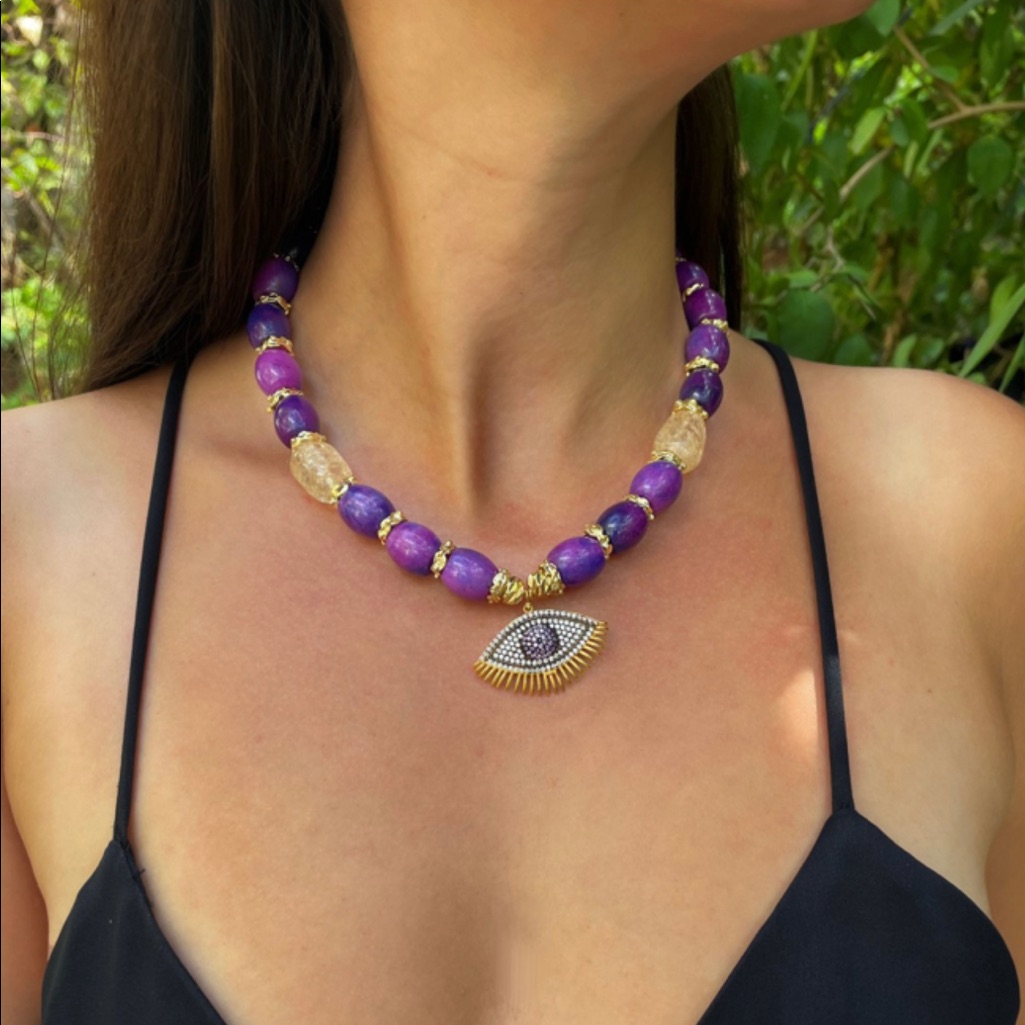 Gemstone Necklace - Natural Agate Stone W Purple Evil Eye Handcrafted Jewelry 33$